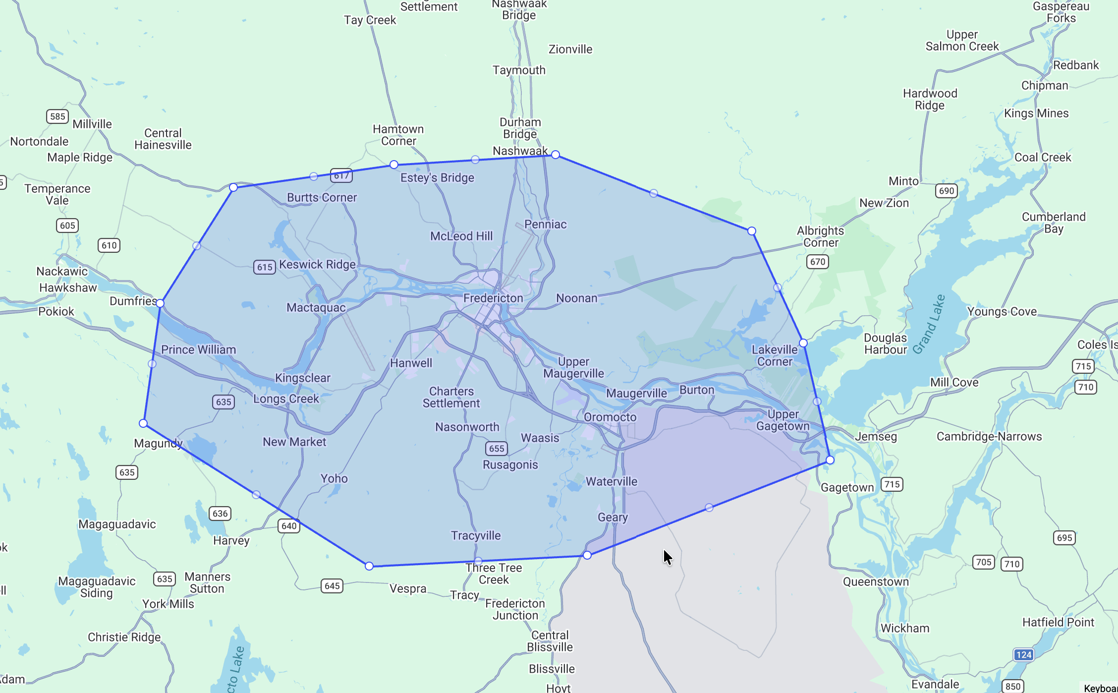 StructSure Home Inspections service area map covering Fredericton, Oromocto, New Maryland, Hanwell, Lincoln, Rusagonis, Douglas, Keswick, Kingsclear, Nasonworth, Burton, Geary, and Richibucto Road